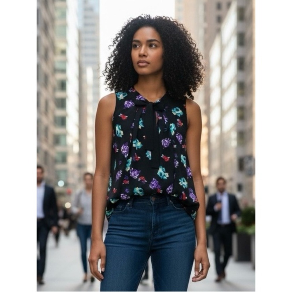 Elle Floral Tie Neck Sleeveless Blouse Black Multicolor Women's XS
